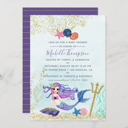 トレンディーカラーウェイズマーメイドをテーマにしたベビーシャワー 招待状 (正面/裏面)
