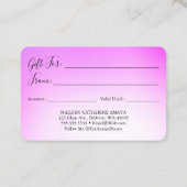 トレンディーガーリーダイヤモンドドリップパープルギフト証明書 名刺 (裏面)