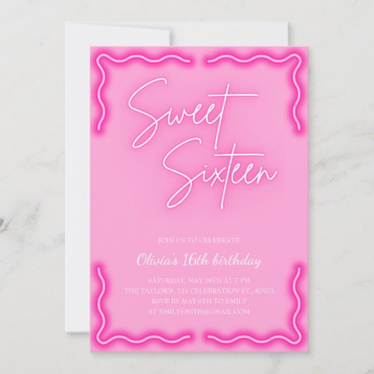 トレンディーガーリーネオンピンクスウィート16バースデーパーティー 招待状 (正面)