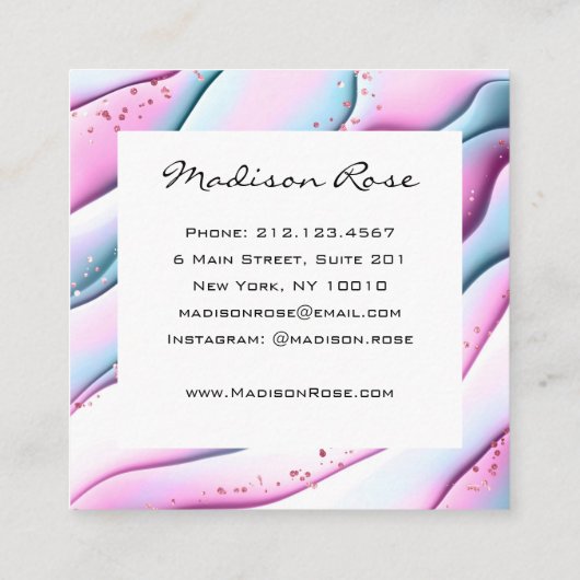 トレンディーガーリーピンクアクアホワイトインクとキラキラ スクエア名刺 (裏面)