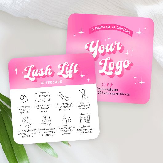 トレンディーガーリーピンクリッシュリフト&ティントアフターケアカード スクエア名刺