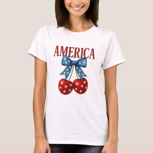 トレンディーガーリー愛国的さくらんぼ「AMERICA」Tシャツ Tシャツ (正面)