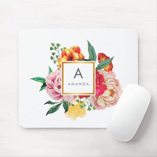 トレンディーガーリー水彩牡丹フラワーズモノグラム マウスパッド (マウス)