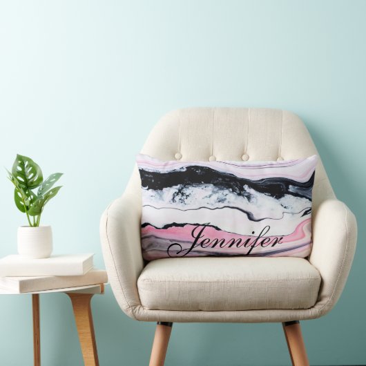 トレンディーガーリー白黒ピンク大理石名前の追加 ランバークッション (椅子)