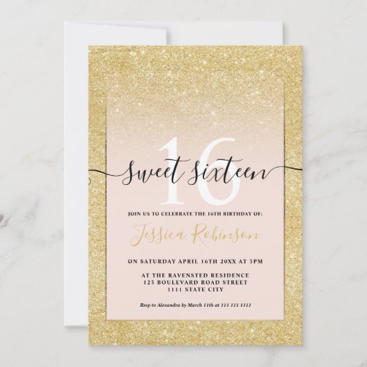 トレンディーガーリー金ゴールドグリッターグラデーションピンクシックスイート16 招待状 (正面)