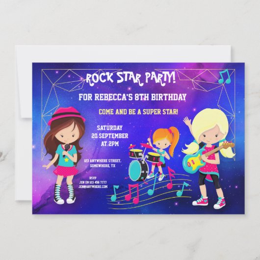 トレンディーガールズロックポップ・アートのスターバースデーパーティー 招待状 (正面)