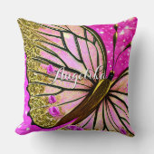 トレンディーガールピンクと金ゴールドバタフライ名前をカスタムする クッション (正面)