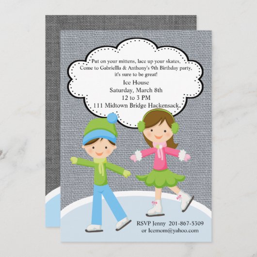 トレンディーガール&ボーアイススケートで滑る誕生日招待状 招待状 (正面/裏面)