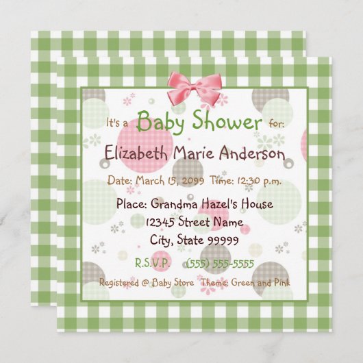 トレンディーギンガム用ベビーシャワー及び水玉模様 招待状 (正面/裏面)