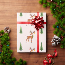 トレンディークリスマスグリーンツリーと鹿のパターン ラッピングペーパー