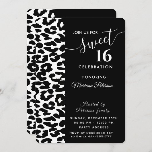 トレンディークール白黒レオパード甘い16 招待状 (正面/裏面)