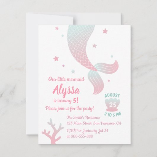 トレンディーグラデーションマーメイドテールガールズバースデーパーティー 招待状 (正面)