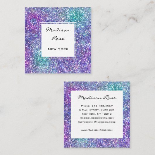 トレンディーグラムパープルブルー&グリーングリッタースパークレス スクエア名刺 (正面/裏面)