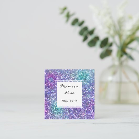 トレンディーグラムパープルブルー&グリーングリッタースパークレス スクエア名刺 (スタンド正面)