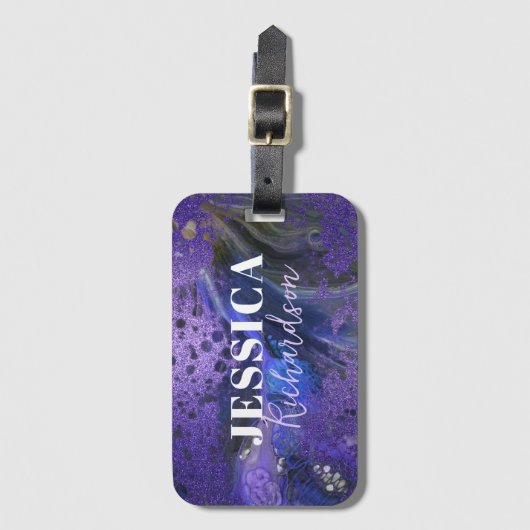 トレンディーグラム抽象芸術パープルグリッターマーブル絵を描 ラゲッジタグ (正面縦)