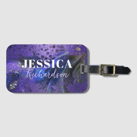 トレンディーグラム抽象芸術パープルグリッターマーブル絵を描 ラゲッジタグ (正面横)