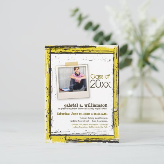 トレンディーグランジ卒業発表（黄色） インビテーションポストカード (スタンド正面)