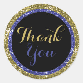 トレンディーグリッターありがとうシール：青と金ゴールド ラウンドシール