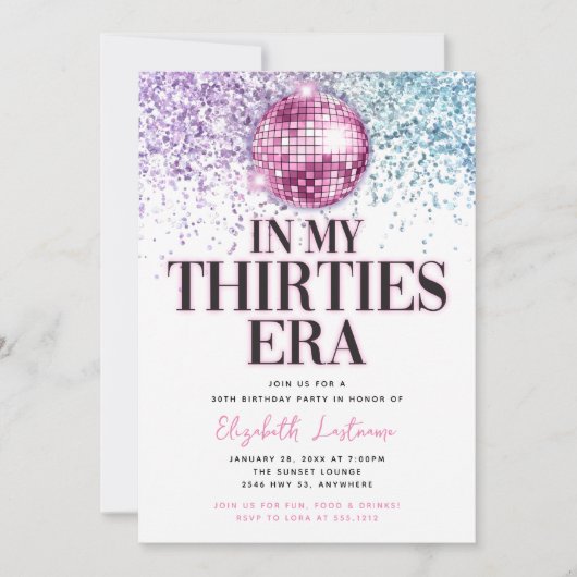 トレンディーグリッターディスコ30年代30歳の誕生日 招待状 (正面)