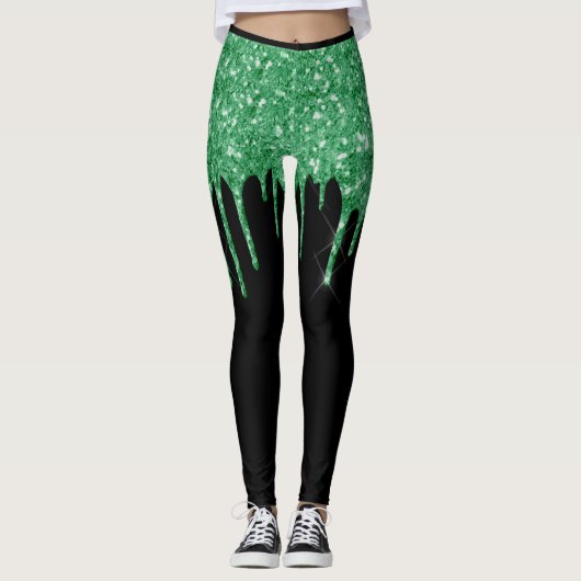 トレンディーグリッタードリップスグリーンブラックセントパトリックの日 レギンス (正面)