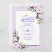 トレンディーグリッターパープルフローラスウィート16パーティー 招待状 (正面)