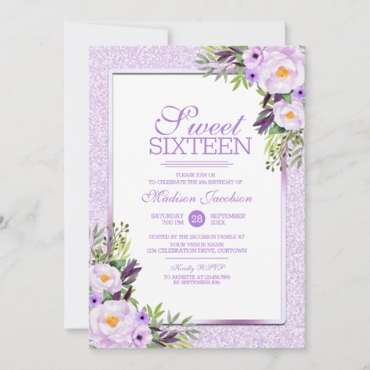 トレンディーグリッターパープルフローラスウィート16パーティー 招待状 (正面)
