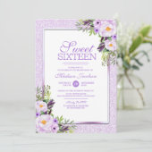 トレンディーグリッターパープルフローラスウィート16パーティー 招待状 (スタンド正面)