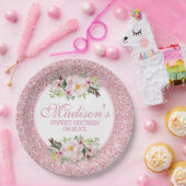 トレンディーグリッターピンクフローラスイート16 ペーパープレート (パーティー)