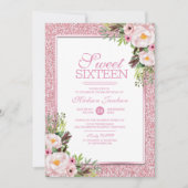 トレンディーグリッターピンクフローラスウィート16パーティー 招待状 (正面)