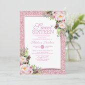 トレンディーグリッターピンクフローラスウィート16パーティー 招待状 (スタンド正面)