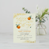 トレンディーグリーンアリトルかわいこちゃんオレンジベイビーシャワー 箔招待状ポストカード (立ち正面)