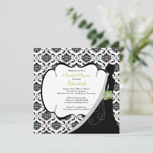 トレンディーグリーンダマスクブライドブライダルシャワー招待状 招待状 (スタンド正面)