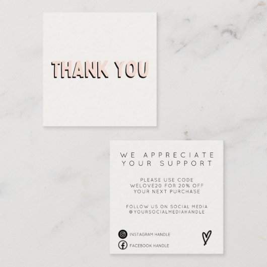 トレンディーグリーンピンクありがとうメディア挿入 スクエア名刺 (正面/裏面)