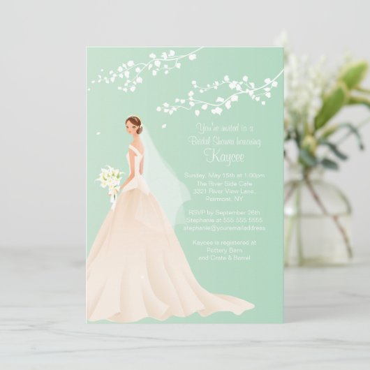 トレンディーグリーンブルネットブライドブライダルシャワー招待状 招待状 (スタンド正面)