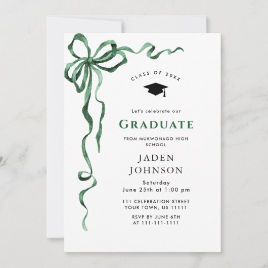 トレンディーグリーンボウリボン写真卒業パーティー 招待状 (正面)