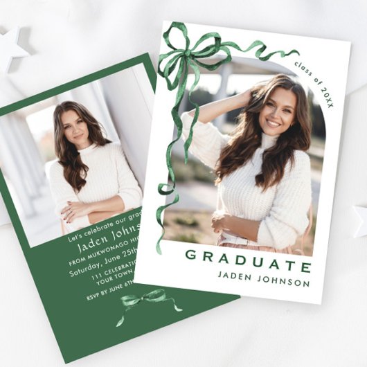 トレンディーグリーンボウリボン2写真卒業パーティー 招待状