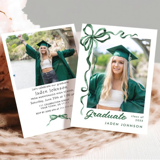 トレンディーグリーンボウリボン2 PHOTO Graduation Party I 招待状