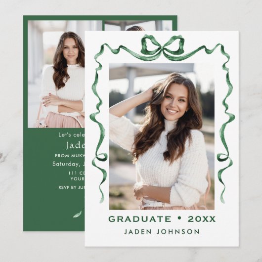 トレンディーグリーンボウリボン4 PHOTO卒業パーティー 招待状 (正面/裏面)