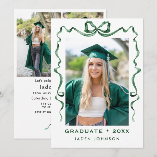 トレンディーグリーンボウリボン4 PHOTO Graduation Party I 招待状 (正面/裏面)