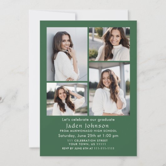 トレンディーグリーンボウリボン5写真卒業パーティー 招待状 (裏面)