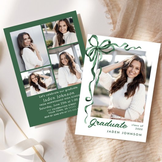 トレンディーグリーンボウリボン5写真卒業パーティー 招待状