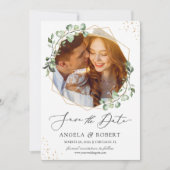 トレンディーグリーンユーカリ幾何学模様の写真 セーブザデート (正面)