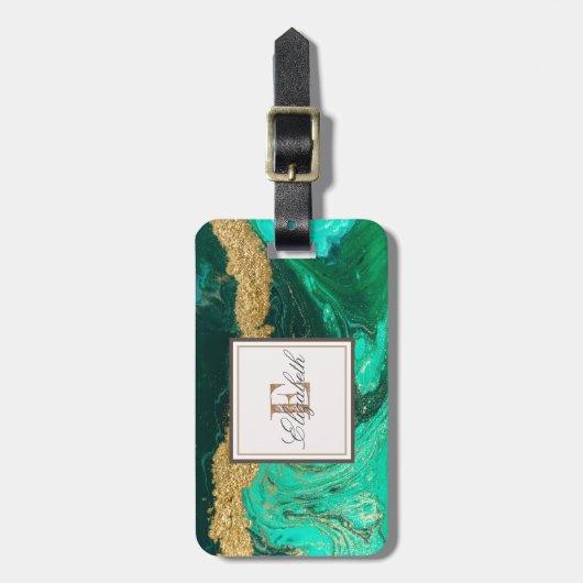 トレンディーグリーン金ゴールド石大理石テクスチャ、モノグラム ラゲッジタグ (正面縦)