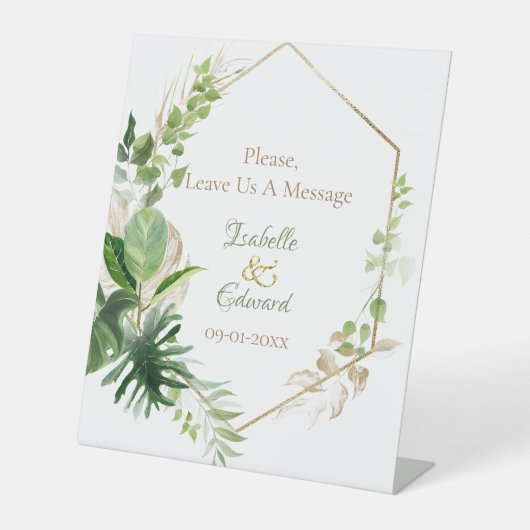 トレンディーグリーン&金ゴールドトロピカルモンステラ葉ズ 台座サイン (正面)