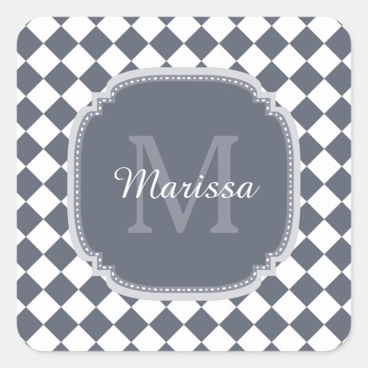 トレンディーグレーと白のチェックモノグラムの名 スクエアシール (正面)