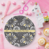 トレンディーグレーと黄色のフローラ紙プレート ペーパープレート (パーティー)