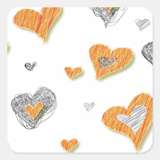 トレンディーグレーのオレンジ色のハート落書きパタンギフト スクエアシール (正面)