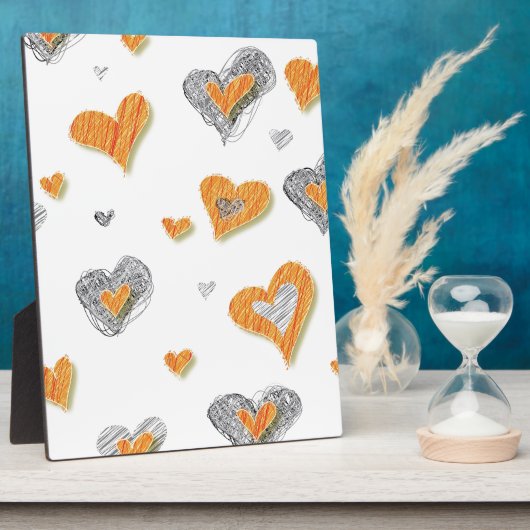 トレンディーグレーのオレンジ色のハート落書きパタンギフト フォトプラーク (側面)