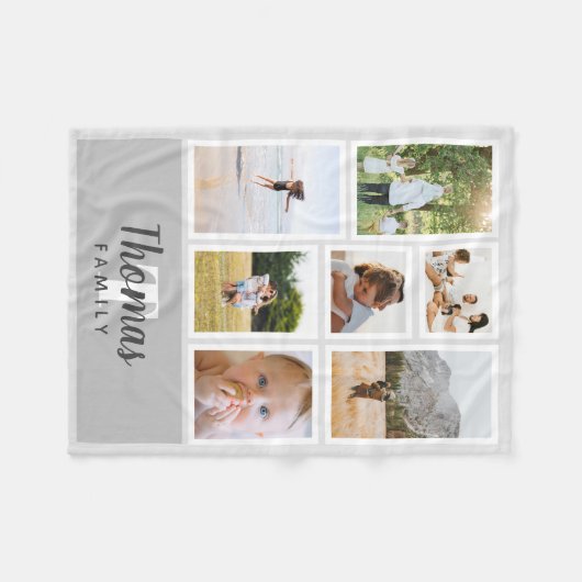 トレンディーグレーモノクロームファミリーフォトコラージュ フリースブランケット (正面(横))