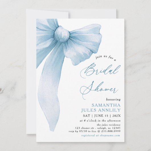 トレンディーコケモダンットブルーボウブライダルシャワー 招待状 (正面)